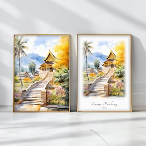Luang Prabang Watercolor Poster Travel Art Print Laos Landscape Art Decor Inspirational Wall Art Travel Gift