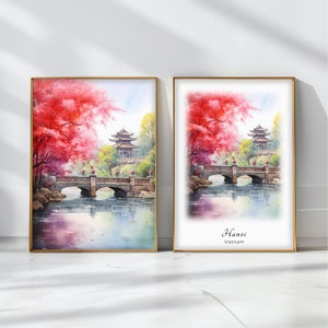 Hanoi Watercolor Poster Travel Art Print Vietnam Landscape Art Decor Inspirational Wall Art Travel Gift