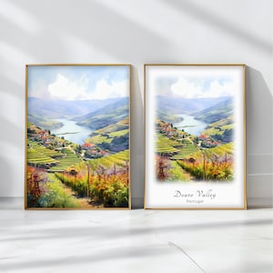Póster de acuarela del valle del Duero, impresión artística de viaje, paisaje de Portugal, decoración artística de pared inspiradora, regalo de viaje
