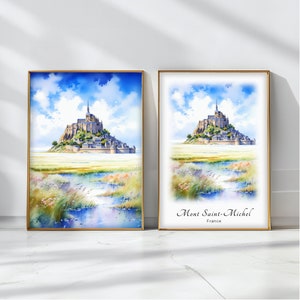Póster de acuarela del Mont Saint-Michel, impresión artística de viaje, arte de paisaje francés, decoración de pared inspiradora, regalo de viaje