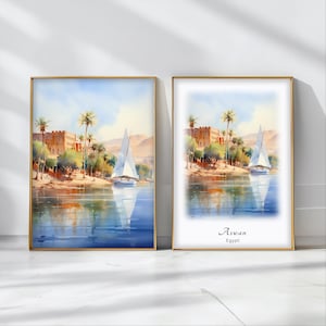 Póster de acuarela de Asuán, impresión artística de viaje, paisaje de Egipto, decoración artística de pared inspiradora, regalo de viaje