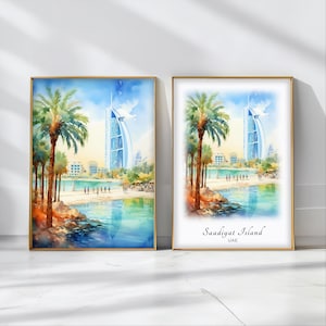 Saadiyat Island Watercolor Poster Travel Art Print UAE Landscape Art Decor Inspirational Wall Art Travel Gift