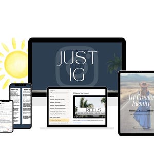 Op de afbeelding: Een computerscherm met de tekst "JUST IG" en een zonpictogram in de linkerbovenhoek. Er zijn vier andere schermen zichtbaar, waaronder een telefoonscherm met een lijst met "Reels" en een tabletscherm met de tekst "My Creator Identity".