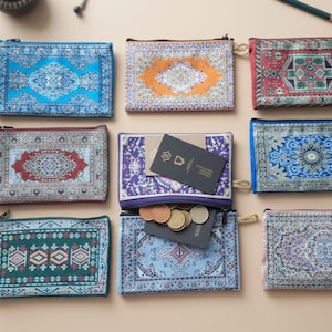 Turkish Kilim Pattern Coin Purse,Boho Small Zipper Pouch,Ethnic Carpet Design Card Holder,Oriental Rug Mini Wallet,Handmade Gift for Her