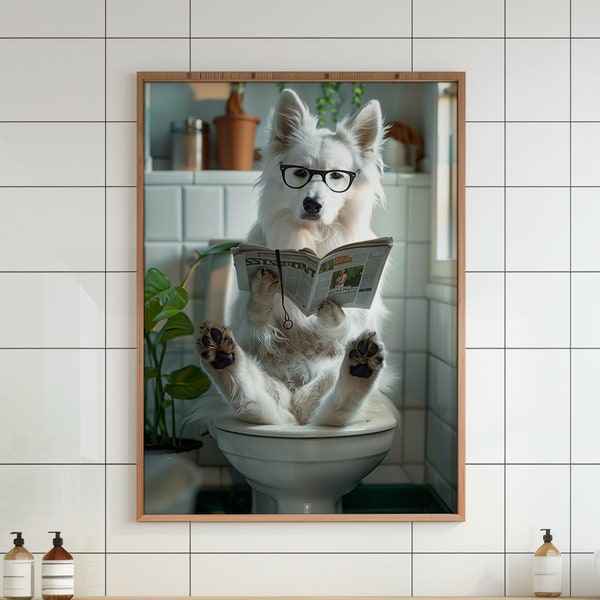 Dog Sitting on a Toilet Print Swiss White Shepherd Print Funny Dog Art Printable Funny Bathroom Wall Decor Funny Animal Print For Toilet