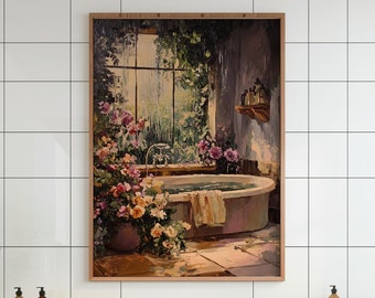 Bloemenbadkameraquarelprint, rustieke badkamerkunst (digitale print)