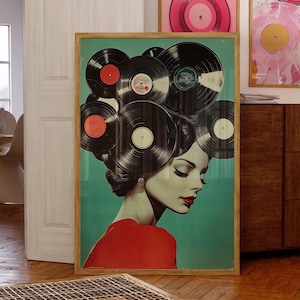Music In My Mind Vinyl Records Abstract Art Printable Vintage Collage Modern Wall Decor Woman Music Lover DJ Retro Decor Digital Download