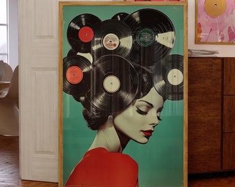 Music In My Mind Vinyl Records Abstract Art Printable Vintage Collage Modern Wall Decor Woman Music Lover DJ Retro Decor Digital Download