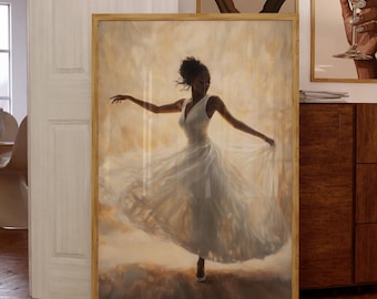 Black Woman Dancing Ballerina Oil Painting, Black Girl Poster Modern Interior Wall Art, African Woman Print, Elegant Black Culture Art Decor