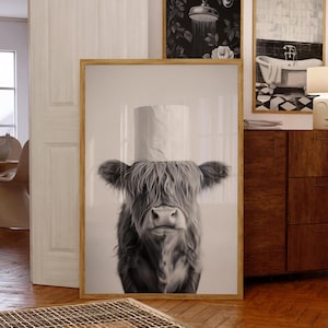 Highland Cow Bathroom Print, Fun Bathroom Wall Art, Toilet Roll On Animal Poster, Black and White Animal Bathroom Art, Quirky Toilet Decor