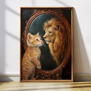 May include: A painting of a small orange kitten looking at a large lion in a gold ornate oval frame. The lion is looking back at the kitten. The painting is set against a dark green background.
