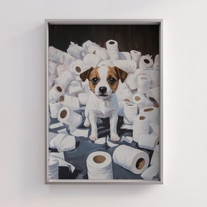Stampa di un cane circondato da carta igienica, decorazione divertente per il bagno, poster da parete stampabile per il bagno, stampa di un WC, poster umoristico con un cane, arte digitale