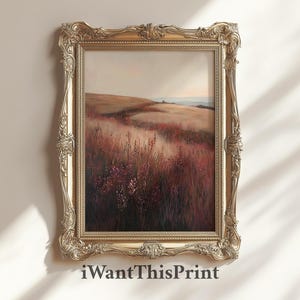 Moody Landscape Print, Vintage Rustic Meadow Art, PRINTABLE Wall Art Wildflower Painting, Moody Red Pastoral Scenery Decor, Nature Wall Art
