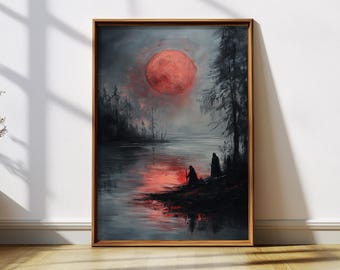 Blood Moon Fantasy Art Print | Dark Forest Landscape with Red Moon | Mysterious Night Silhouette Poster | Dramatic Fantasy Wall Art