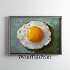 目玉焼きの絵、リアルな食べ物の絵、ビンテージのキッチンの装飾、バーカートの壁の装飾、食べ物の印刷可能な壁アート、料理のデジタルアートワーク