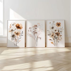 Watercolor WildFlowers Set of 3 Neutral Botanical Boho Printable Wall Art Beige and Brown Floral Digital Download Minimalist Flower Prints