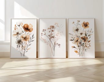 Aquarell Wildblumen 3er Set Neutrale botanische Boho druckbare Wandkunst beige und braun Blumen digitaler Download minimalistische Blumendrucke