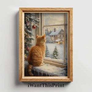 Cat Christmas Artwork, Xmas Cat Christmas Wall Art, Festive Holiday Home Decor, Cozy Winter Decor, Printable Christmas Wall Art, Digital Art