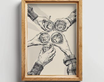 Può includere: Disegno in bianco e nero di quattro mani che reggono bicchieri di bevande. I bicchieri sono pieni di cubetti di ghiaccio e una bevanda. Il disegno è su uno sfondo beige chiaro.