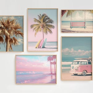Beach Wall Art Set of 5, Beach Sea Gallery Prints, Seascape Printable Wall Art Coastal Beach Posters, Soft Pink Tones Wall Art, Summer Decor