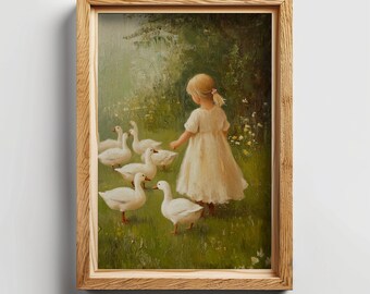 Cottagecore Girl with Geese Painting, Vintage Farmhouse Wall Art, Rustic Country Scene Wall Art, Soft Green Painting, Antique Home Decor