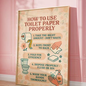 トイレットペーパーの使い方を使ったバスルームのデコレーション、トイレットペーパーを使った面白いバスルームの壁アート（印刷可能）、子供と大人向けのレトロな衛生サイン、デジタルアート