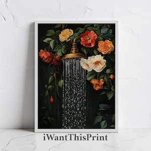 Impresión botánica para baño, pintura de flores, póster de ducha, arte de pared imprimible, decoración de lavandería verde oscuro, arte de pared floral para baño.