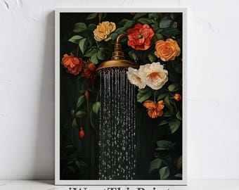 Botanical Bathroom Print Flowers Painting Shower Poster PRINTABLE Wall Art Dark Green Laundry Room Moody Decor Floral Bathroom Wall Art