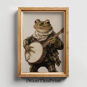 Impression d'art Grenouille mignonne jouant du banjo, impression d'art mural imprimable, illustration lunatique de musicien animalier, décoration murale folk vintage, oeuvre d'art Cottagecore
