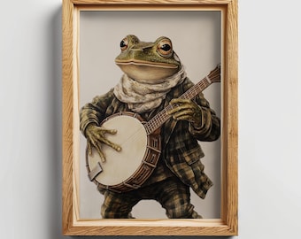 Impresión artística de linda rana tocando el banjo, arte de pared imprimible, ilustración caprichosa de un músico animal, decoración de pared folclórica vintage, obra de arte cottagecore
