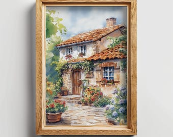 Vintage Steinhaus Druck, Steinhaus Gemälde, Französische Landhaus Wandkunst, rustikale Bauernhausdekor, DRUCKBARE Landkunst, Digital