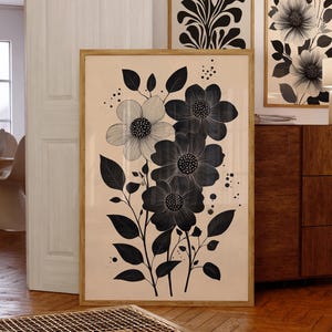 Modern Floral Print, Moody Botanical Art, Large Abstract Flowers Print, Abstract Flower Illustration, Mid Century Modern Beige and Black Art