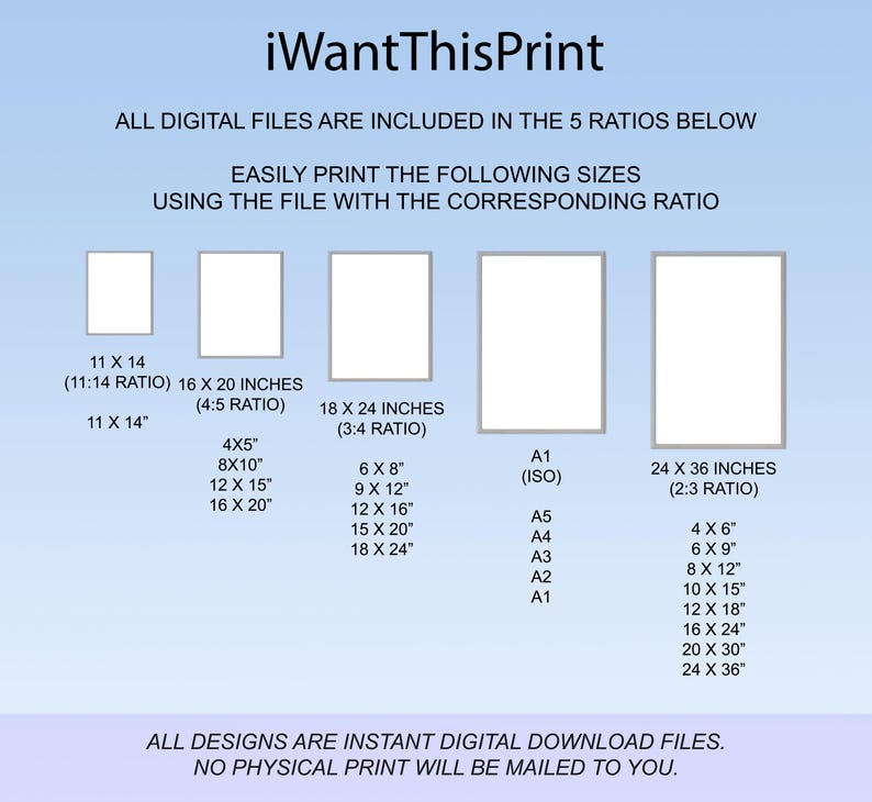 May include: A graphic showing five different aspect ratios for digital prints, with corresponding sizes in inches. The ratios are 11:14, 4:5, 3:4, ISO, and 2:3. The text "iWantThisPrint" is at the top of the graphic. The text "ALL DESIGNS ARE INSTANT DIGITAL DOWNLOAD FILES. NO PHYSICAL PRINT WILL BE MAILED TO YOU." is at the bottom of the graphic.