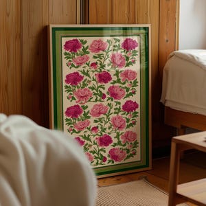Vintage Botanical Floral Peony Print Wall Art, Pink and Red Peonies with Green Leaves, Cottagecore Garden Illustration, Elegant Nature Decor