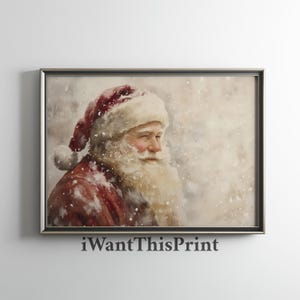 Vintage Santa Landscape Painting, Christmas Printable Wall Art Holiday Wall Decor Winter Print Neutral Santa Print Santa Watercolor Portrait