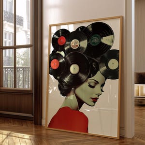 Music In My Mind White Vinyl Records Abstract Art Printable Vintage Art, Modern Wall Decor Woman Music Lover DJ Retro Decor Digital Download