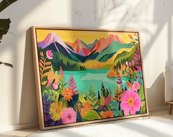 Colorful Abstract Mountain Landscape Art Print Printable Wall Art Watercolor Painting Living Room Decor Mountain Scenery Floral Digital Art