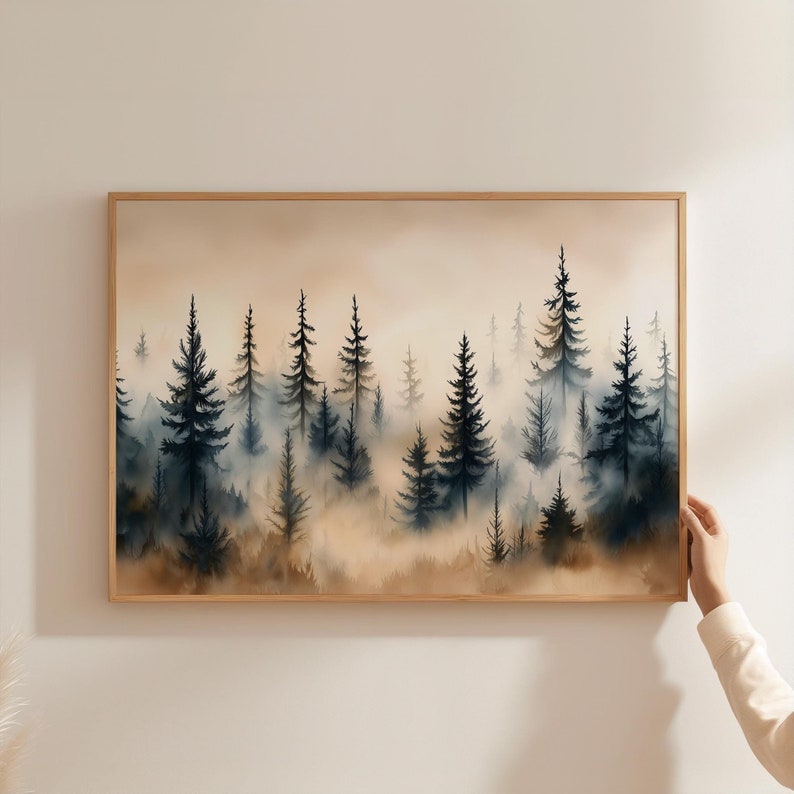 Vintage Pine Tree Forest Landscape Print, Misty Winter Wall Art ...