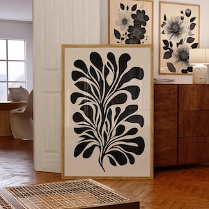 Minimalist Black and White Abstract Moody Botanical Print, Contemporary Monochrome Abstract Floral Wall Decor, Mid Century Modern Black Art