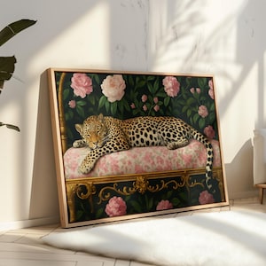 Sleepy Leopard Print Pink & Green Maximalist Wall Art Bedroom Decor Boho Wall Art Eclectic Decor, Floral Jungle Print Luxurious Animal Decor