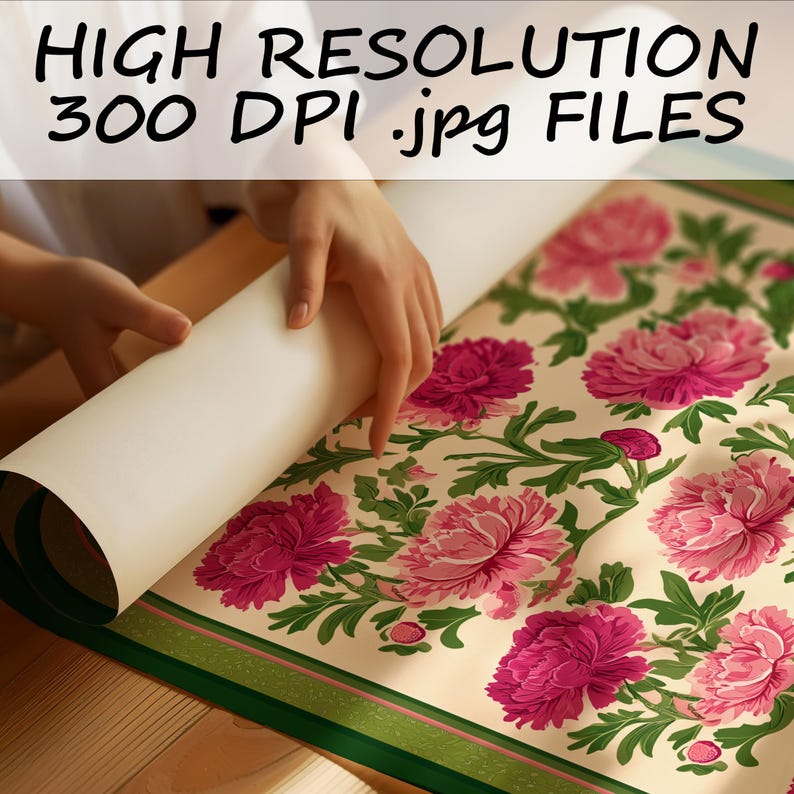 Puede incluir: Una persona desenrolla un papel con estampado floral con grandes peon&iacute;as rosas y hojas verdes. El papel tiene un fondo crema y un borde verde. El texto en la parte superior dice "HIGH RESOLUTION 300 DPI .jpg FILES."