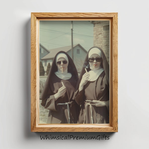 Nonnen roken wiet Vintage Art Print, grappige muur decor, Stoner Nun poster, afdrukbare humoristische kunst & eigenzinnige huisdecoratie, wiet poster cadeau