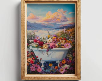 Floral Bathtub Bathroom Art Print, Botanical Watercolor (Digital Download)