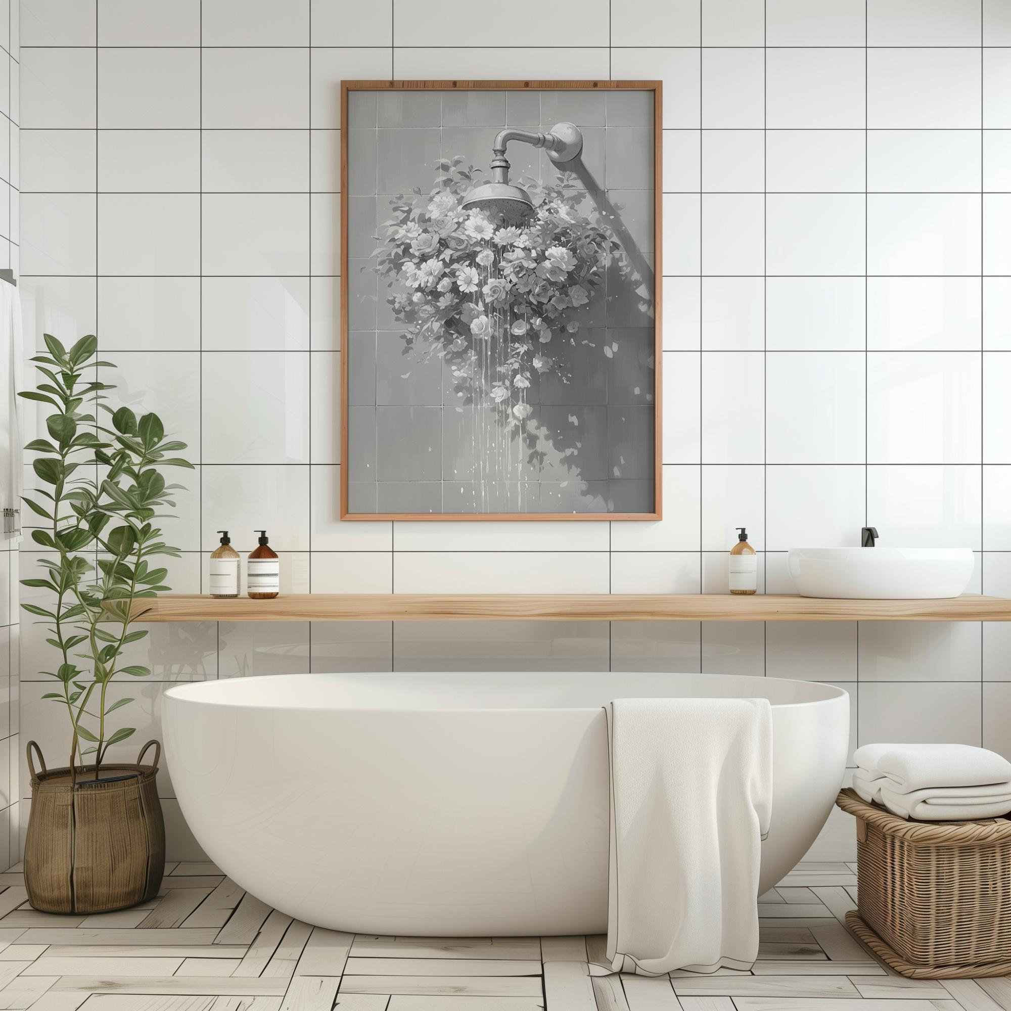 Black and White Flooral Bathroom Wall Art Black and White Floral Shower ...