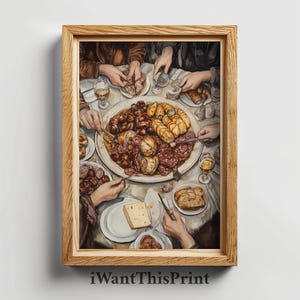 May include: A watercolor painting of a group of people gathered around a table, enjoying a meal. The table is covered in a white tablecloth and is filled with a variety of food, including sausages, bread, and cheese. The people are all dressed in casual clothing and appear to be having a good time.