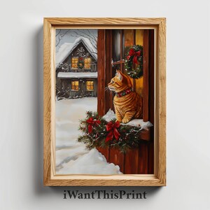 Festive Cat Cozy Snowy Cottage View, Christmas Cat Wall Art, Rustic Winter Decor, Holiday Room Decor, Xmas Printable Wall Art, Christmas Art