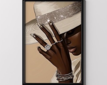 Chic Fashion Woman Art Print Glamorous Hat and Jewelry Illustration Stylish Feminine Wall Art Elegant Fashion Decor Poster Black Girl Art