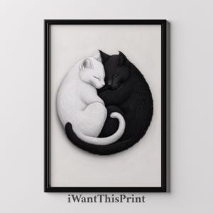 Stampa artistica di gatti Yin e Yang, stampabile con gatti in bianco e nero, decorazione murale minimalista con gatti, decorazione con animali che rappresentano armonia ed equilibrio, poster Yin e Yang
