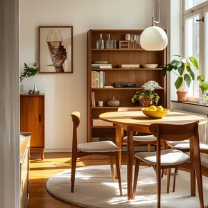 May include: A mid-century modern dining room with a wooden table and chairs, a bookshelf filled with books and decorative items, and a white pendant light hanging above the table.