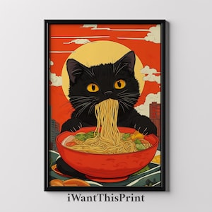Schwarze Katze Essen Nudeln Art Print Ramen-Nudeln Kunst Hungrige Katze Essen Ramen Küche Wand Kunst Japan Schwarze Katze Kunst druckbare Wandkunst Poster